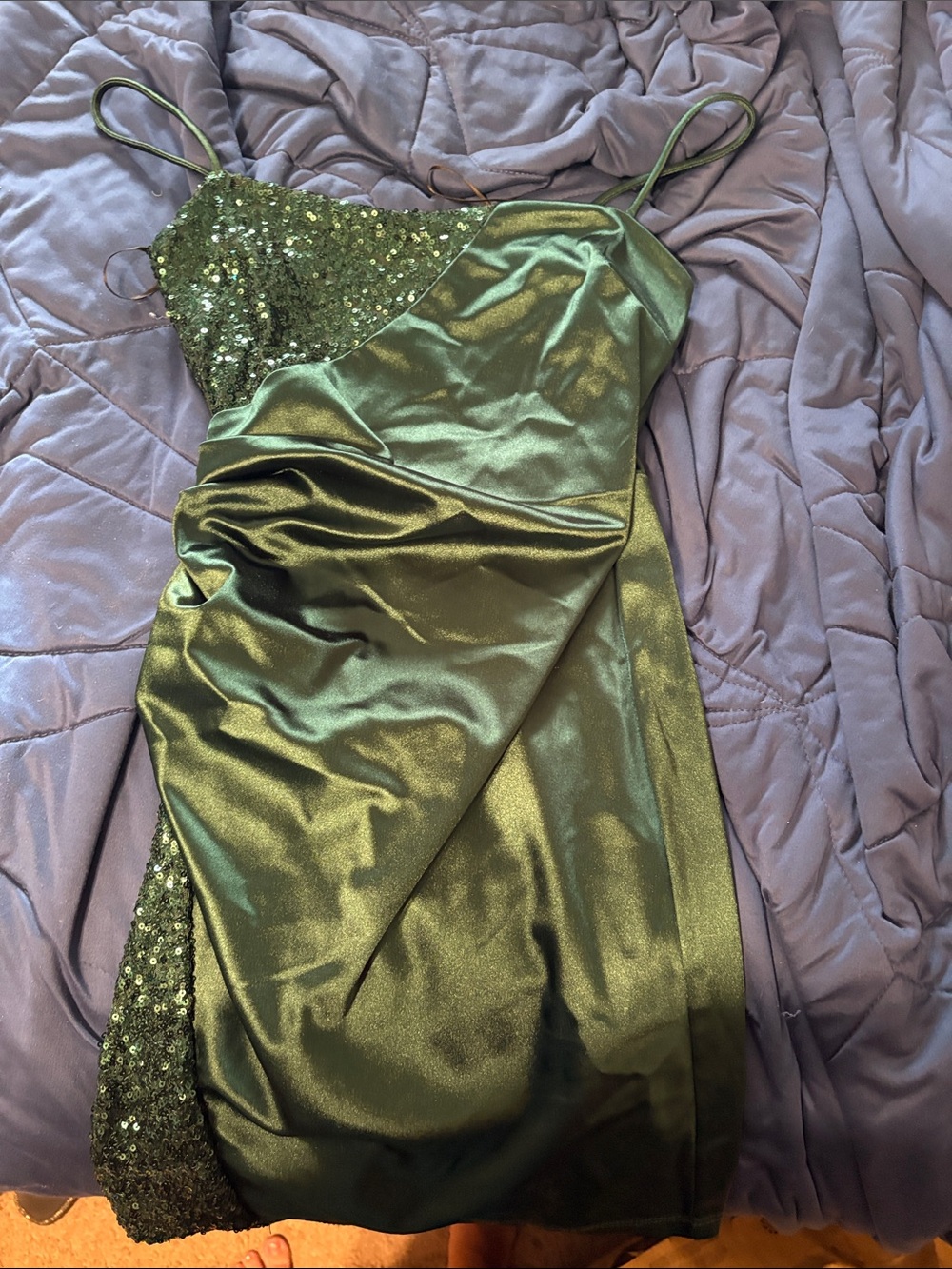 Emerald Green Satin & Sequin Slip Dress